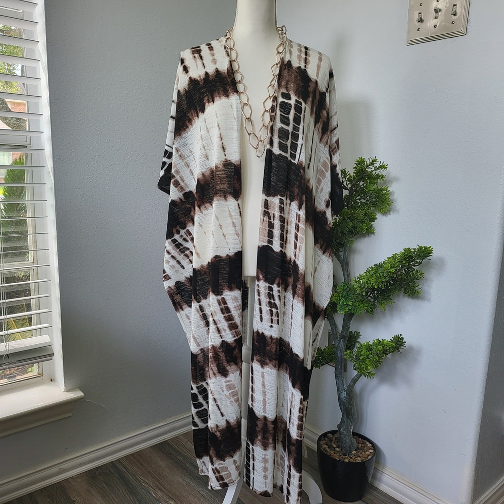 Fadivo Elegant Brown and Cream Tie-Dye Kimono